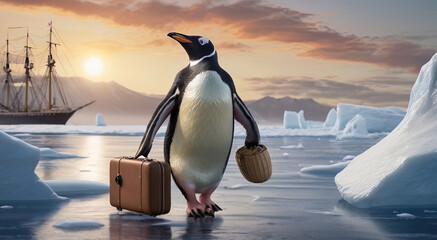 Penguin with a suitcase on the background of the frozen sea - obrazy, fototapety, plakaty