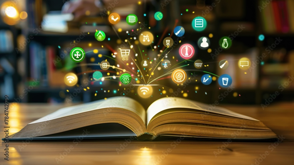 Poster Open book with social networking icons above in Wooden table on blur background.