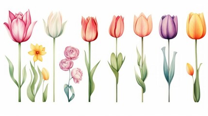 Collection of tulips in watercolor. Elegant depiction of spring flowers. Isolated on white background. Concept of botanical artwork, floral elegance, and nature-inspired watercolor.