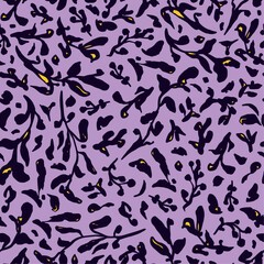 Random placed, vector shadow botany seamless repeat pattern. Black leaves aop, all over surface print on lilac background.