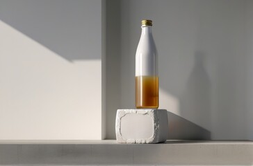 A bottle of liquid resting on top of a block. Suitable for various uses