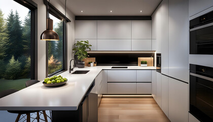 interior of a cozy and compact kitchen in a tiny house. The kitchen exudes modern elegance with clean lines, warm lighting and a minimalist color palette, creating a cozy atmosphere.
