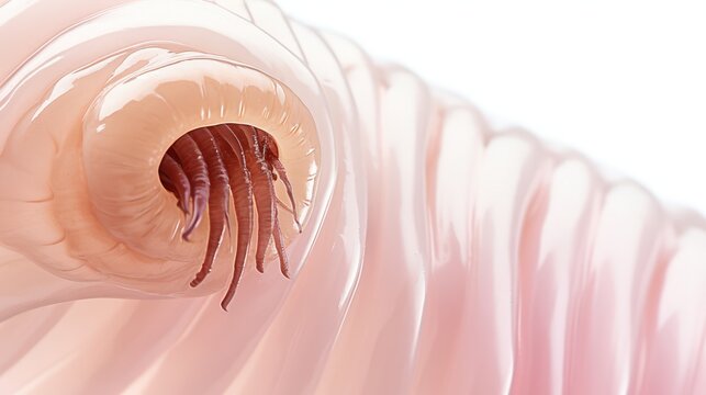 Macro view of a parasitic helminth with sensory tentacles. Intestinal parasite, parasitic worm. White background. Concept of medical research, parasite life cycle, parasitology, and infection