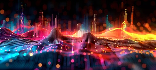 Digital wave spectrum with dynamic particle system in a data flow visualization. Conceptual representation of big data analysis, digital signal processing, information technology backdrop