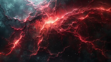 Vivid depiction of dark volcanic landscape with bright red lava flowing - obrazy, fototapety, plakaty