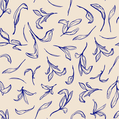 Random placed, vector leaves seamless repeat pattern. Hand drawn botany aop, all over surface print on beige background.