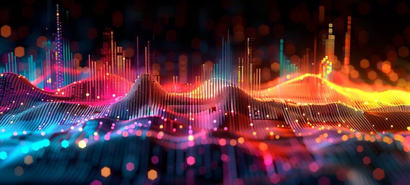 Digital wave spectrum with dynamic particle system in a data flow visualization. Conceptual representation of big data analysis, digital signal processing, information technology backdrop