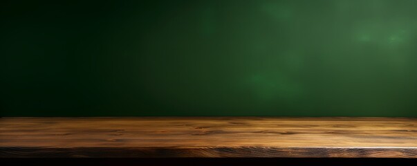 Abstract background with a dark olive wall and wooden table top for product presentation, wood floor, minimal concept, low key studio shot, high resolution photography 