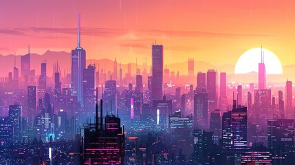 Futuristic cityscape with skyscrapers. Illuminated skyscrapers against twilight sky. Concept of urban development, city life, modern architecture, and metropolitan nightscapes. Digital Illustration - obrazy, fototapety, plakaty