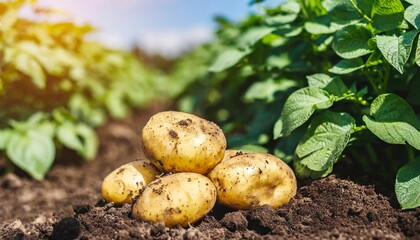 Close-up of potatoes on soil near bushesPotatoes in a garden.
