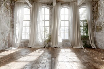 Light Grey Brick Walls in a Dance Studio with White Sheer Curtains Generative AI