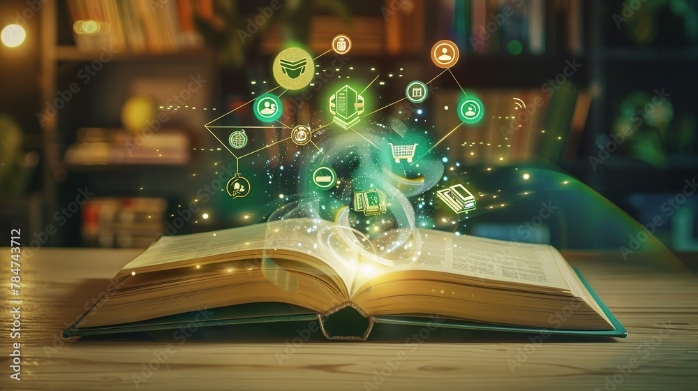Poster Open book on old wooden table. Open Book with Colorful Checkout Icons.