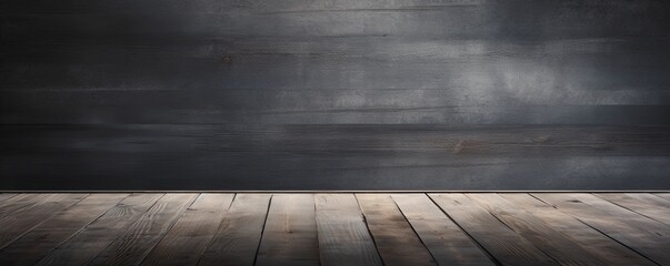 Abstract background with a dark silver wall and wooden table top for product presentation, wood floor, minimal concept, low key studio shot, high resolution photography 