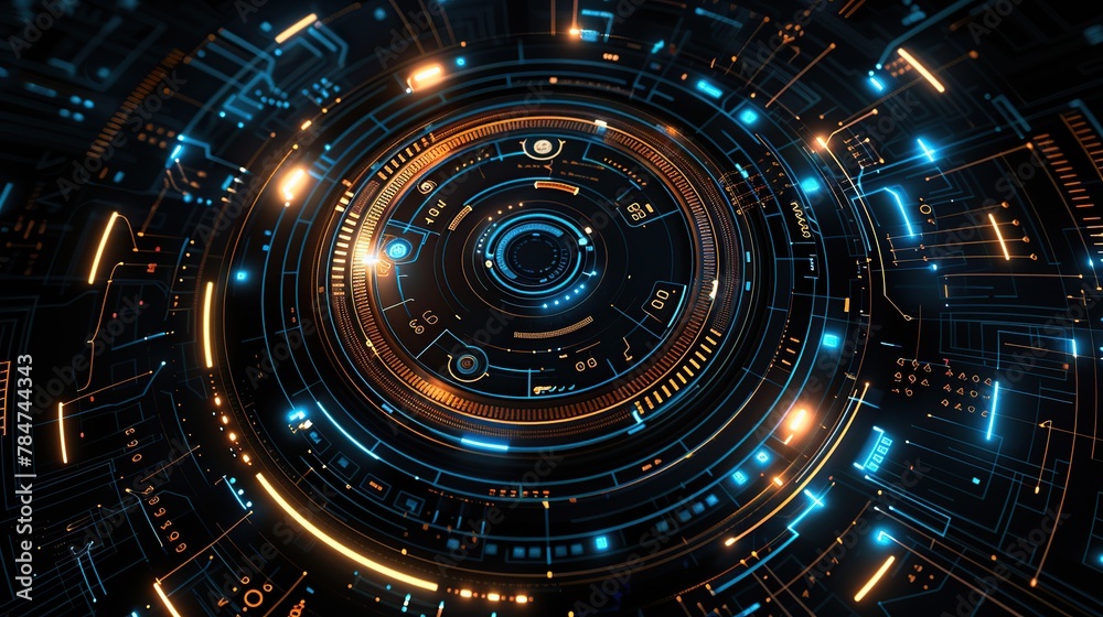Poster futuristic technology elements in the circular rings of high-tech digital holographic background.