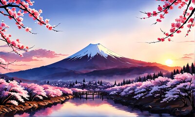 Japanese landscape adorned with delicate cherry blossoms, capturing essence of spring in Japan. For art, creative projects, fashion, style, blogs, social media, web design, print, magazine, banner.