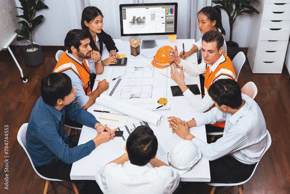 Poster diverse group of civil engineer and client working together on architectural project, reviewing cons