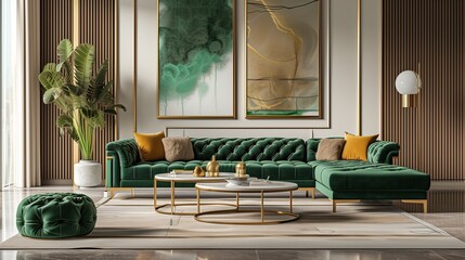 Luxury living room in house with, green velvet sofa, coffee table, pouf, gold decoration, plant, lamp, carpet