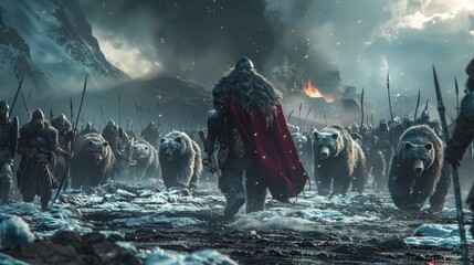 Epic Viking battle scene with warriors and bears in snowy mountain landscape - obrazy, fototapety, plakaty