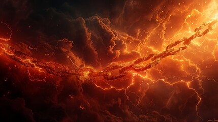 Epic horror movie poster with dramatic chains engulfed in blazing fire and lightning - obrazy, fototapety, plakaty