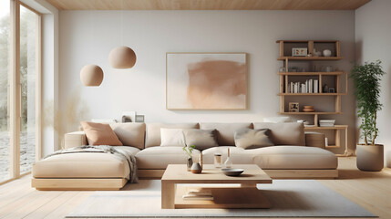 Scandinavian-inspired living room with a light wood couch