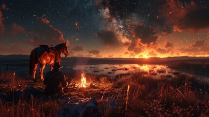 Starry night over tranquil wilderness landscape with a solitary horse by a campfire - obrazy, fototapety, plakaty