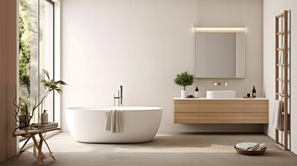 modern Scandinavian bathroom featuring a freestanding bathtub with clean lines