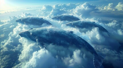Surreal scene of blue whales soaring above clouds in a dreamlike skyscape - obrazy, fototapety, plakaty