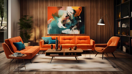 mid-century modern living room with a burnt orange velvet couch, a walnut coffee table with hairpin legs