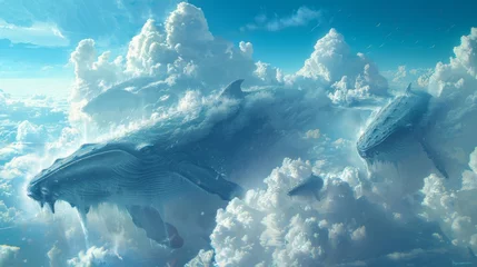 Fotobehang Surreal scene of blue whales soaring above clouds in a dreamlike skyscape © Yusif