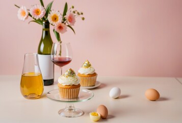 Composition with bottle of wine, glass and Easter eggs on color background