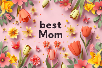Flowers on pink background for mother's day, card for mum - obrazy, fototapety, plakaty