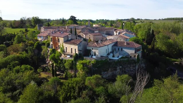 Colorful landscape view of the village of Castelmoron d'Albret in the Bordeaux region. Aerial view of the smallest village in France.