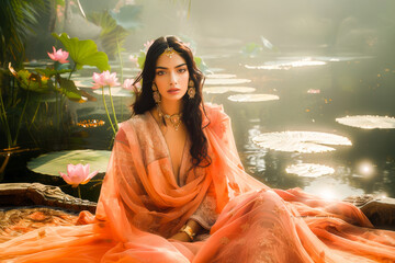 A beautiful woman in traditional Indian sari and jewelry by a pond with water lilies during a serene golden hour.