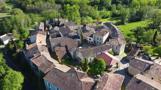 Colorful landscape view of the village of Castelmoron d'Albret in the Bordeaux region. Aerial view of the smallest village in France.