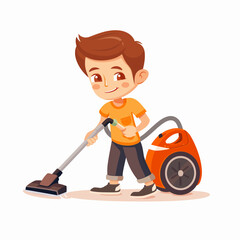 Cute little boy cleaning the floor with a vacuum cleaner vector Illustration