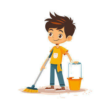 Cute little boy cleaning floor with mop and bucket, cartoon vector illustration isolated on white background.