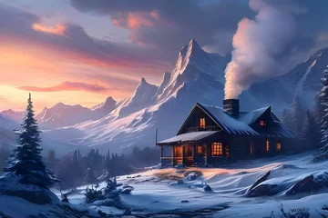 Fensteraufkleber house in the mountains © feroooz arts