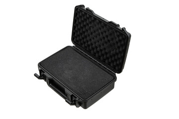 Black plastic container with foam inside for safe storage and transportation of fragile and expensive items. Sturdy plastic case. Isolate on a white back.