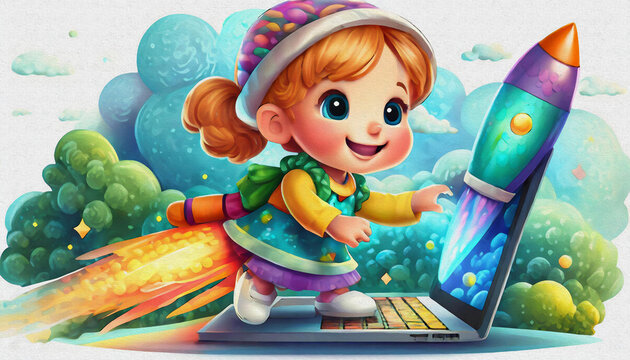 OIL PAINTING STYLE CARTOON CHARACTER CUTE baby Launching space rocket from laptop,