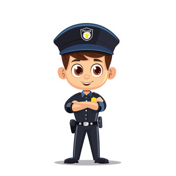 Cute little boy in police uniform. Cartoon vector illustration isolated on white background.
