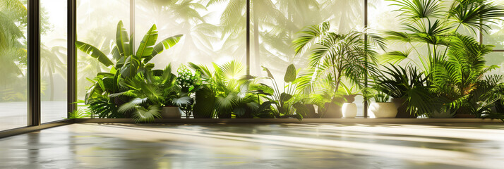 A large empty room with floor to ceiling windows, surrounded by lush tropical plants and palm trees