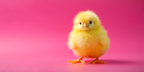 little yellow fluffy chick on a pink   background minimalism  AI generated