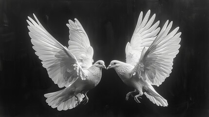 Graceful white doves in flight against a black background, a symbol of peace and purity