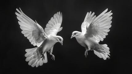 Graceful white doves in flight against a black background, a symbol of peace and purity
