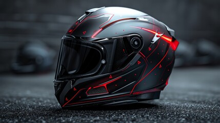 Futuristic black motorcycle helmet with red LED lights on a wet urban surface