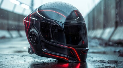 Futuristic black motorcycle helmet with red LED lights on a wet urban surface
