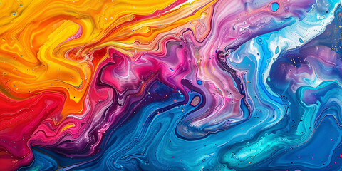 Abstract marbled acrylic paint ink painted waves painting texture  background banner - Bold rainbow colors swirls wave 