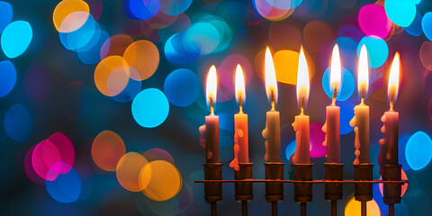  holiday Hanukkah background with menorah traditional candelabra and burning candles Halloween Party with candle light table dark decoration - obrazy, fototapety, plakaty