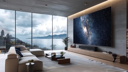 Luxurious modern living room with breathtaking cityscape and galaxy wall art - obrazy, fototapety, plakaty
