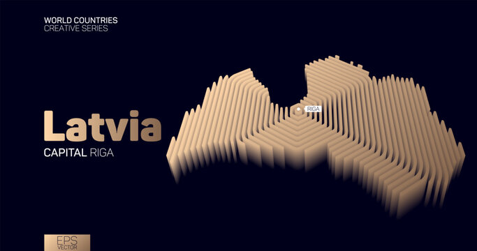 Isometric map of Latvia with golden hexagon lines